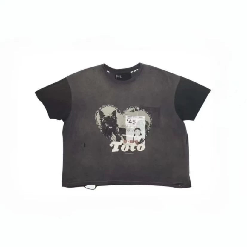 Play Hollywood Toto Chain‑Heart Dog‑Collage Patch‑Pocket Color‑Block Cropped Boxy Short‑Sleeve Tee