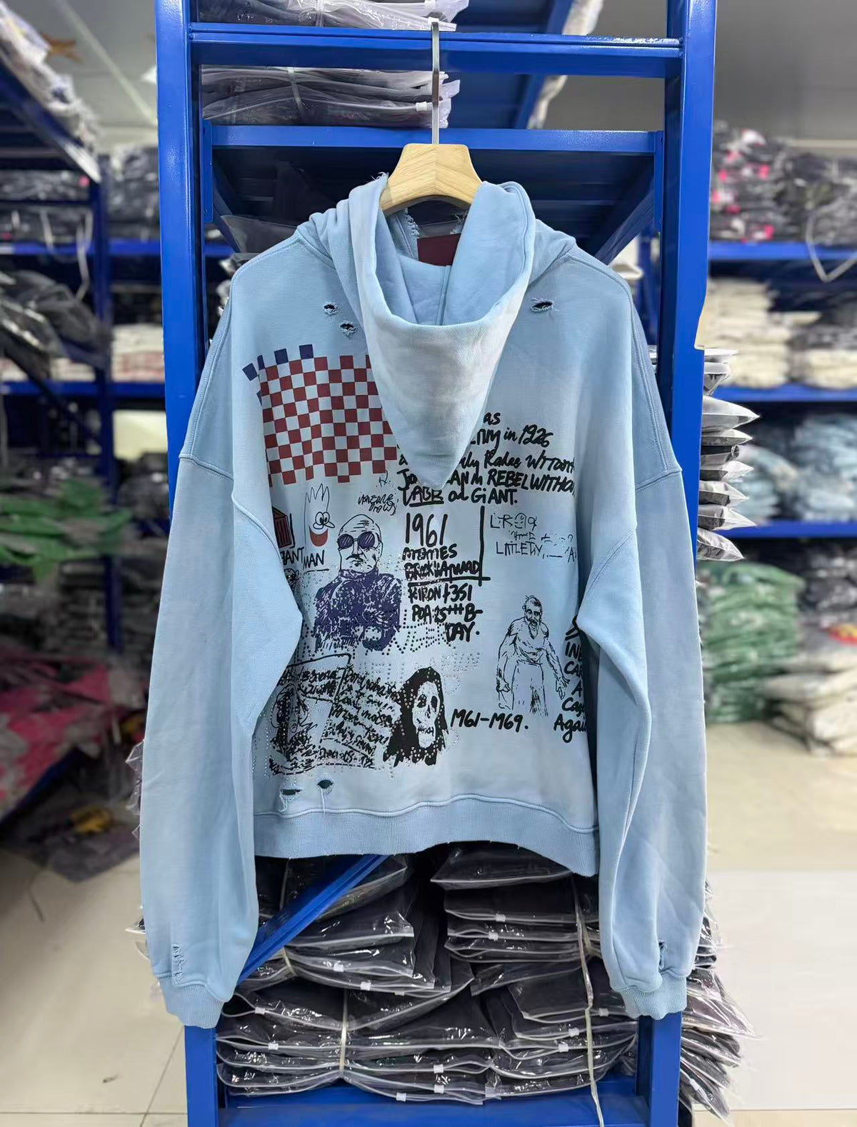 Play Hollywood Vintage‑Wash Light Blue Cropped Oversized Hoodie