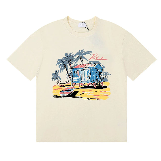 Rhude Tropical Beach Hut Palm Tree Retro Cream Oversized T‑Shirt Hover Image