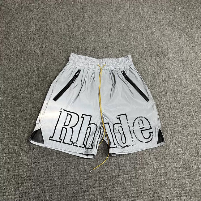 Rhude Silver Reflective Big Logo Nylon Shorts Hover Image