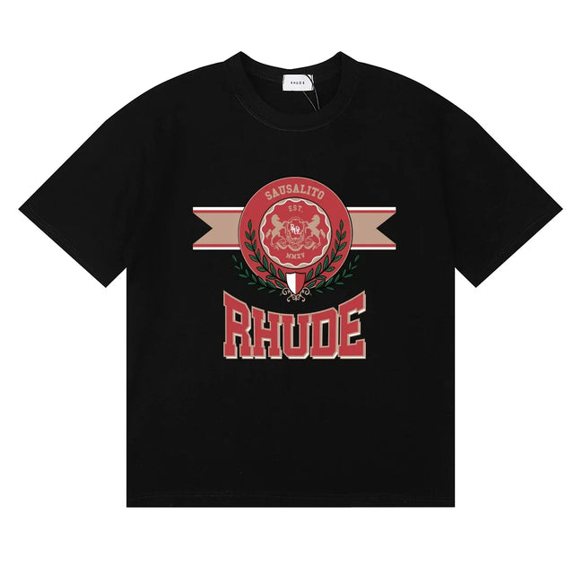 Rhude Sausalito Laurel Crest Varsity Logo Black Oversized T‑Shirt Hover Image