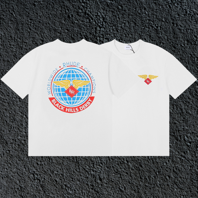Rhude Black Hills Derby Globe Wing Back Print White Oversized T‑Shirt Hover Image