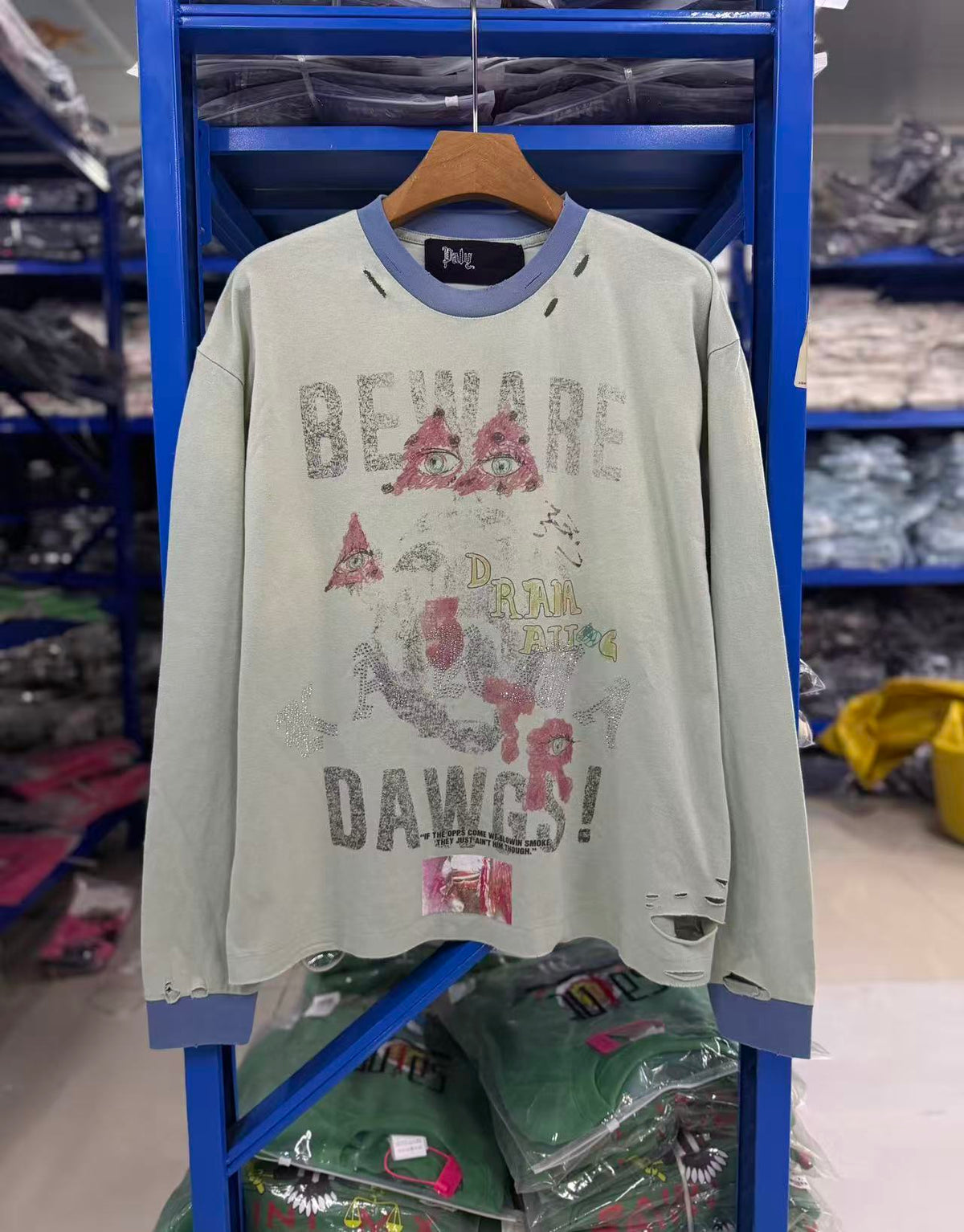 Play Hollywood Vintage‑Wash Green Multi‑Ripped Long Sleeve T‑Shirt