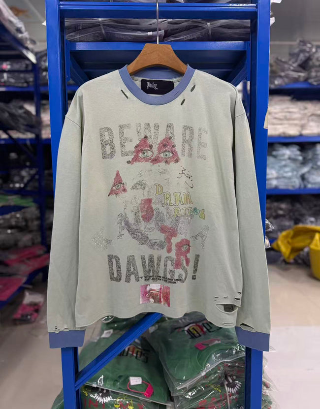 Play Hollywood Vintage‑Wash Green Multi‑Ripped Long Sleeve T‑Shirt Hover Image