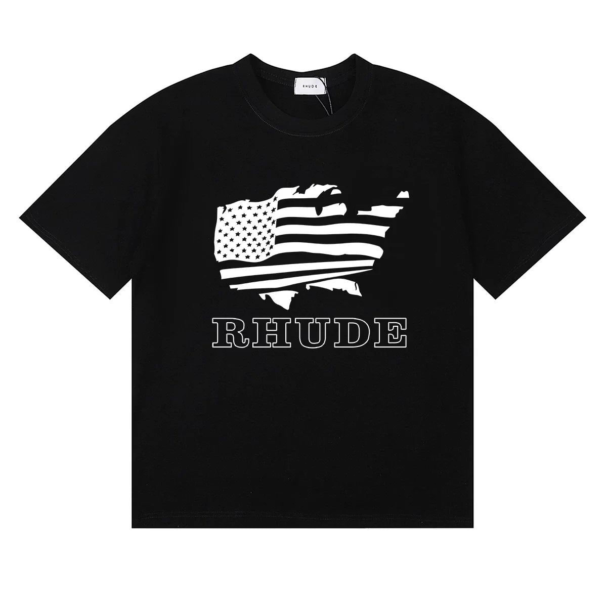 Rhude USA Map American Flag Graphic Black Oversized T‑Shirt