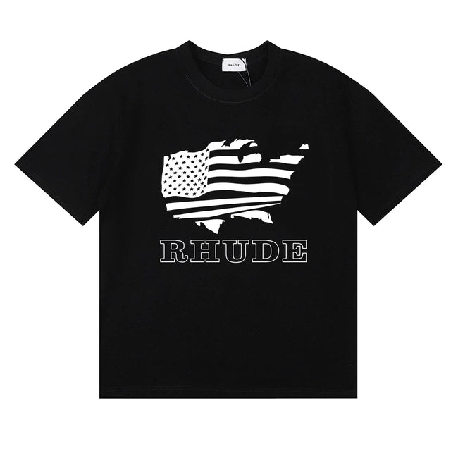 Rhude USA Map American Flag Graphic Black Oversized T‑Shirt Hover Image