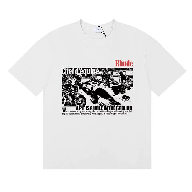 Rhude Black‑White Comic Motif Red Logo White Oversized T‑Shirt Hover Image