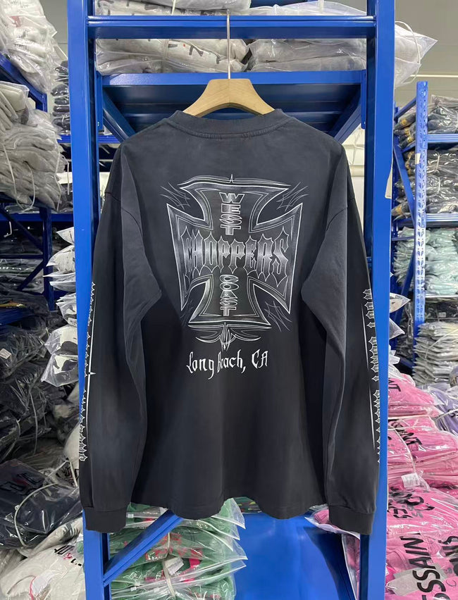 West Coast Choppers Front‑Back‑Sleeve Cross‑Logo Vintage Wash Long‑Sleeve Tee Black‑Blue Main Image