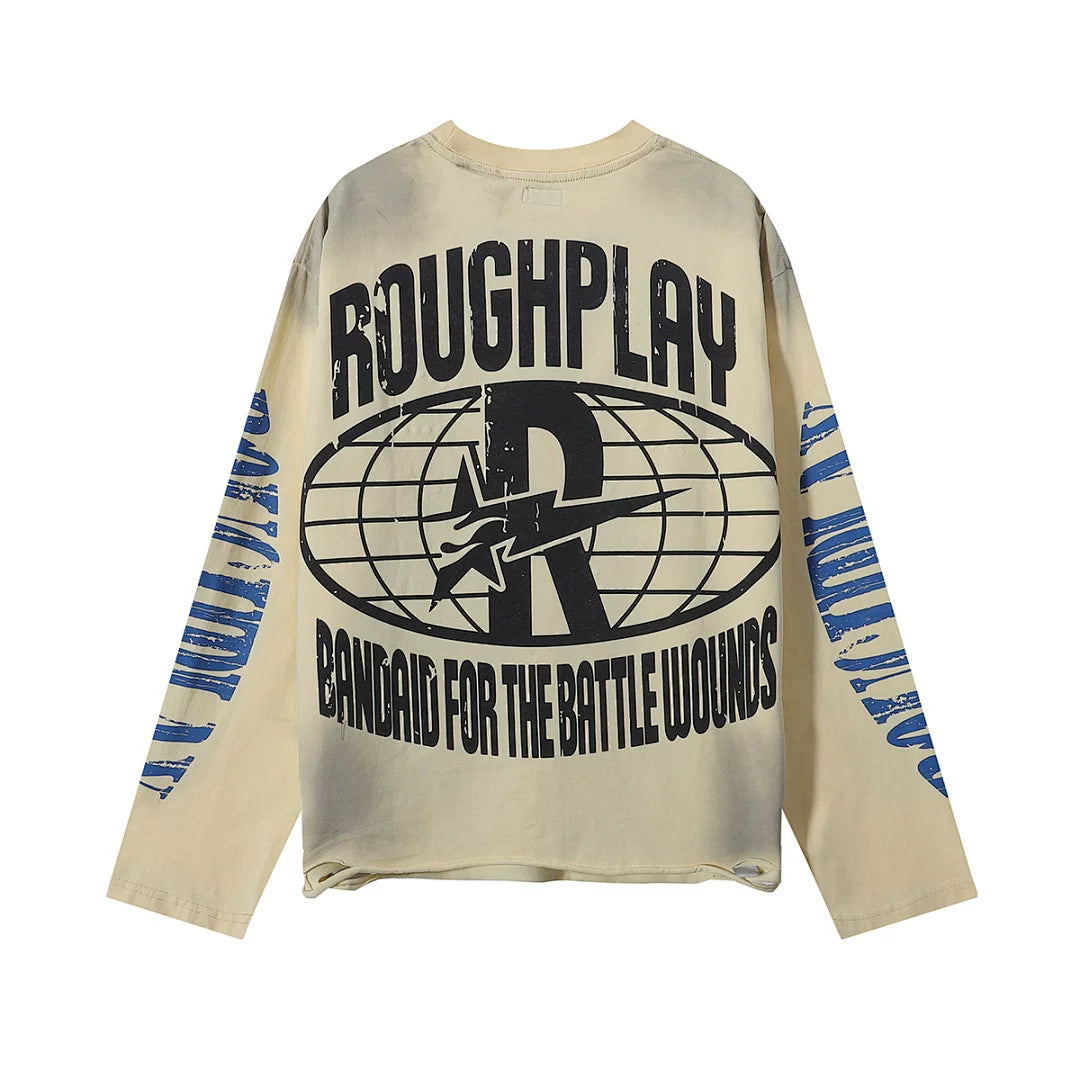 Roughplay Sun Tongue Logo Skeleton Mushroom Hill Vintage Acid Wash Long Sleeve T‑Shirt