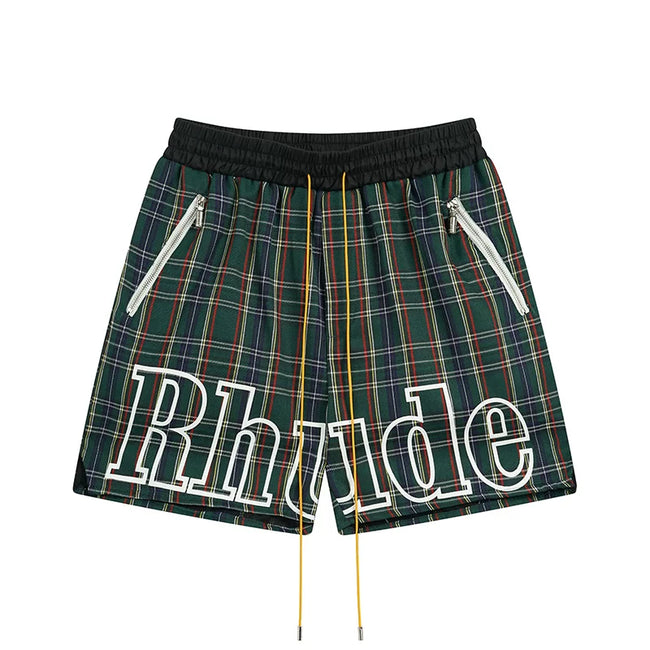Rhude Green Tartan Plaid Outline Logo Shorts Hover Image