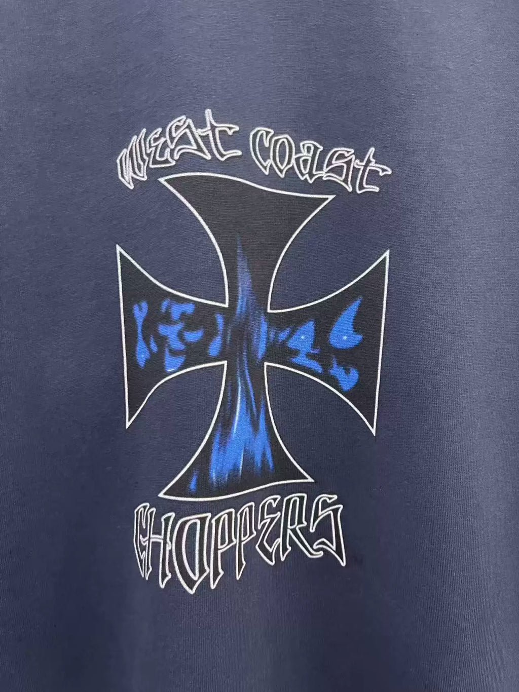 West Coast Choppers Flame‑Cross Sleeve‑Script Print Vintage Wash Long‑Sleeve Tee Navy