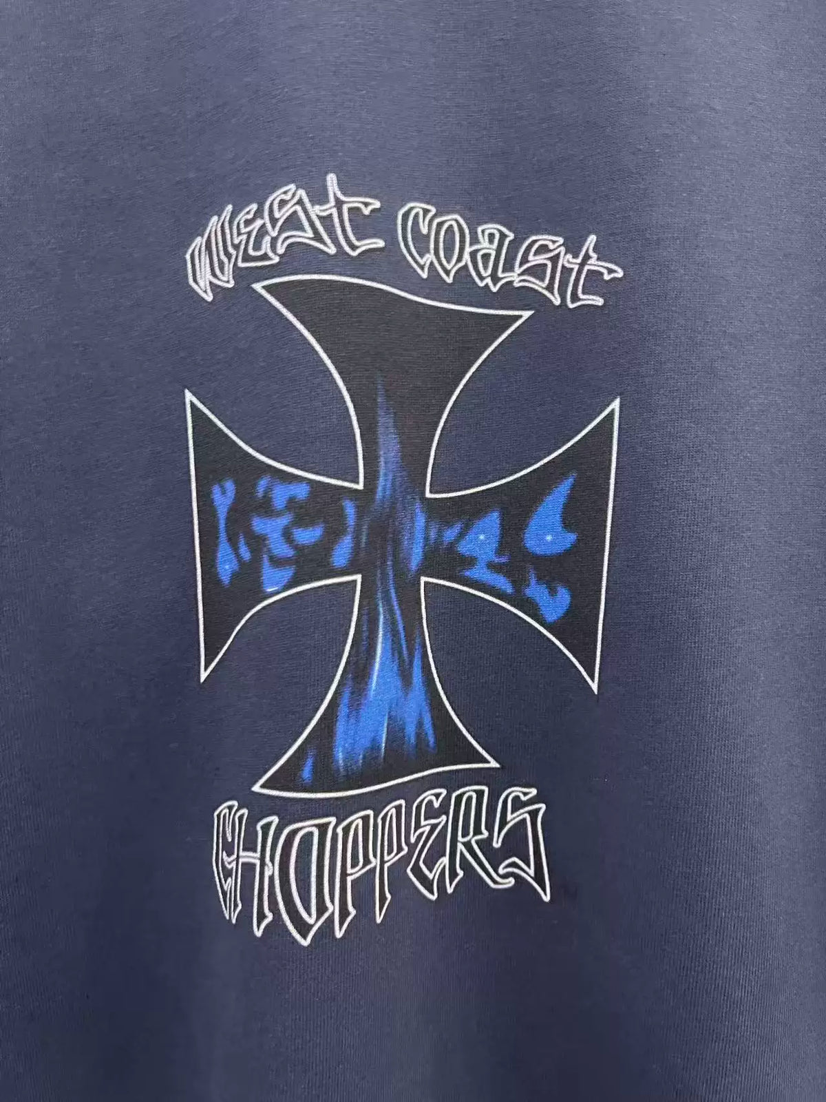 West Coast Choppers Flame‑Cross Sleeve‑Script Print Vintage Wash Long‑Sleeve Tee Navy