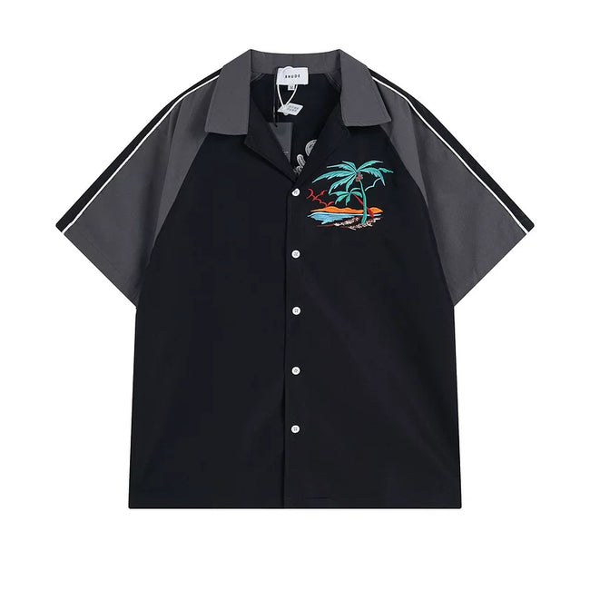 Rhude Palm Beach Embroidered Color‑Block Bowling Shirt Black Grey Hover Image