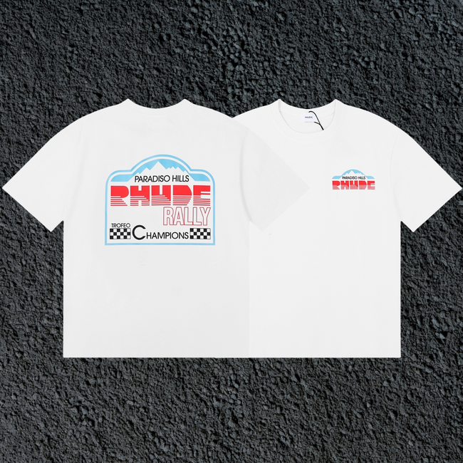 Rhude Paradiso Hills Rally Racing Dual Sided White Oversized T‑Shirt Hover Image