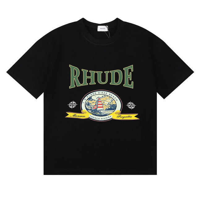 Rhude Retro Globe Badge Green Letter Black Oversized T‑Shirt Hover Image