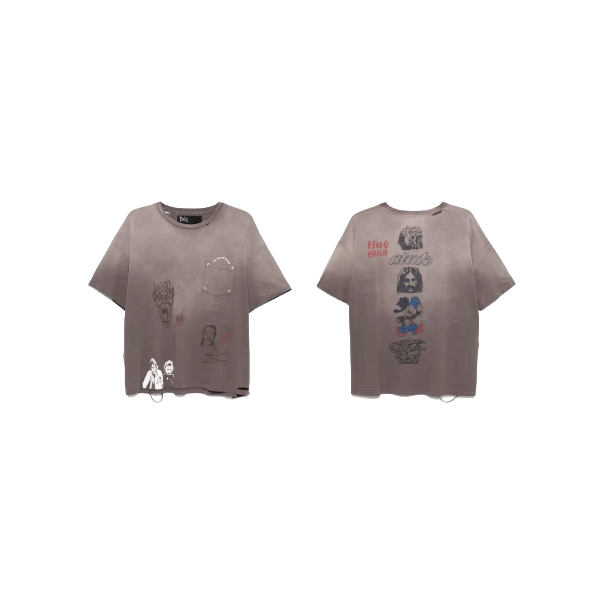 Play Hollywood Hue 1968 Multi‑Sketch Mixed‑Graphic Front‑Back Pocket Cropped Boxy Short‑Sleeve Tee