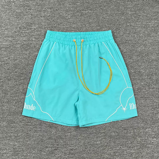 Rhude Outline Print Cyan Nylon Shorts Hover Image