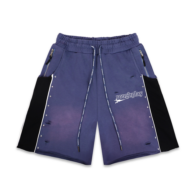 Roughplay Faded Purple Color‑Block Rivet Distressed Sweat Shorts Hover Image