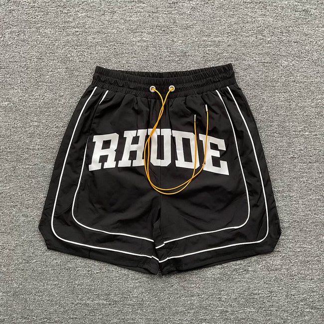 Rhude Black Varsity Stripe Nylon Shorts Hover Image