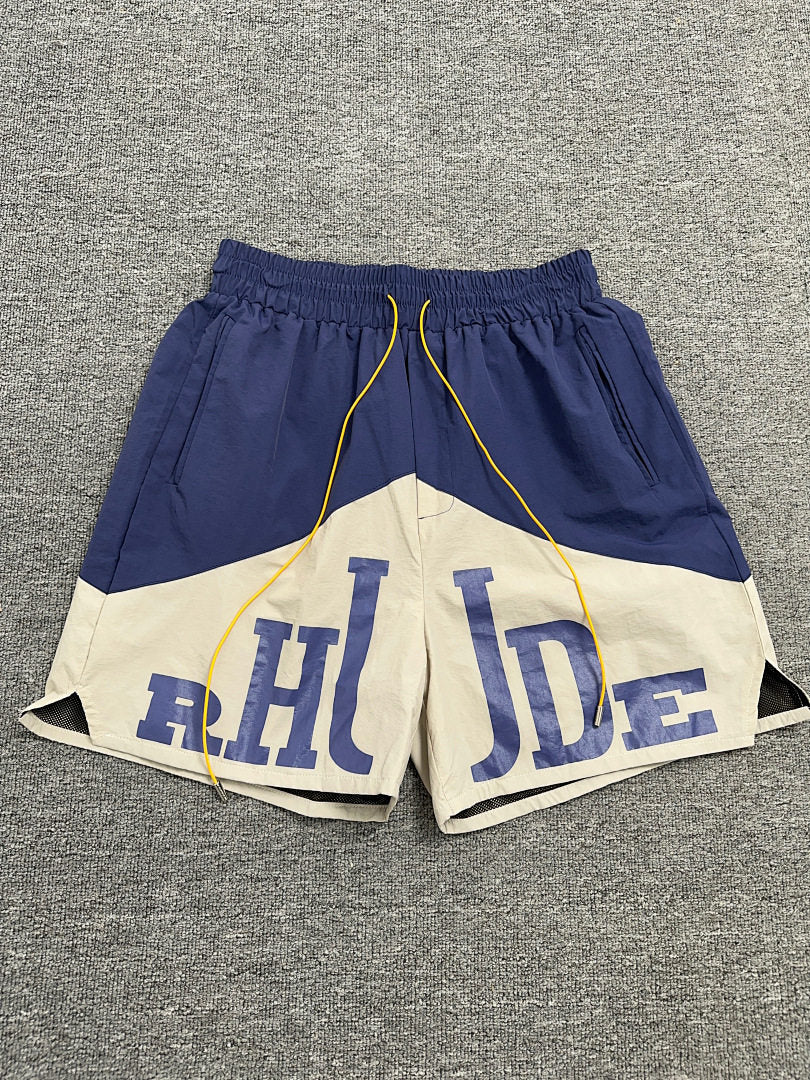 Rhude Navy Cream Color Block Nylon Shorts
