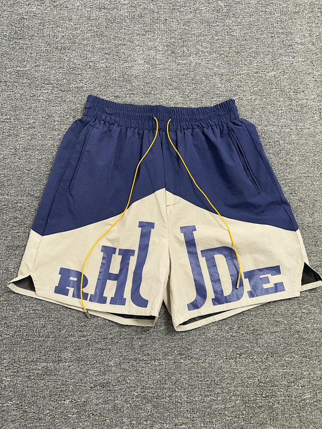 Rhude Navy Cream Color Block Nylon Shorts Hover Image
