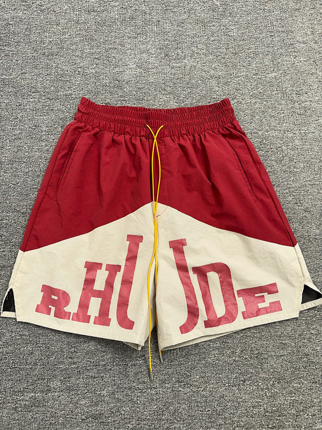 Rhude Red Cream Color Block Nylon Shorts Hover Image