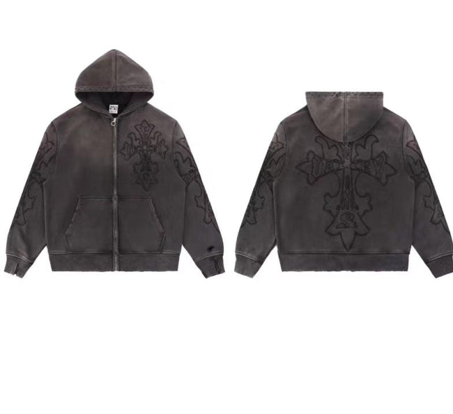 Vale Forever Vintage Gothic Cross Zip-Up Hoodie & Sweatpants Set - Charcoal / Washed Black Main Image